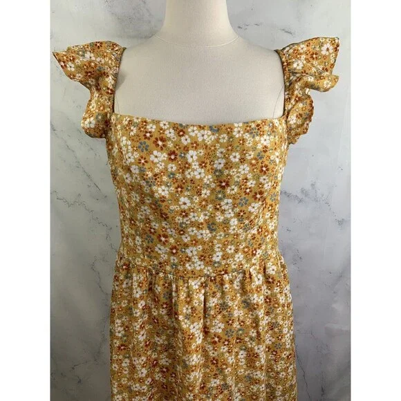 Reformation lucila Dress SZ 12 midi 100% Linen Cottagecore yellow smocked floral - Picture 9 of 16